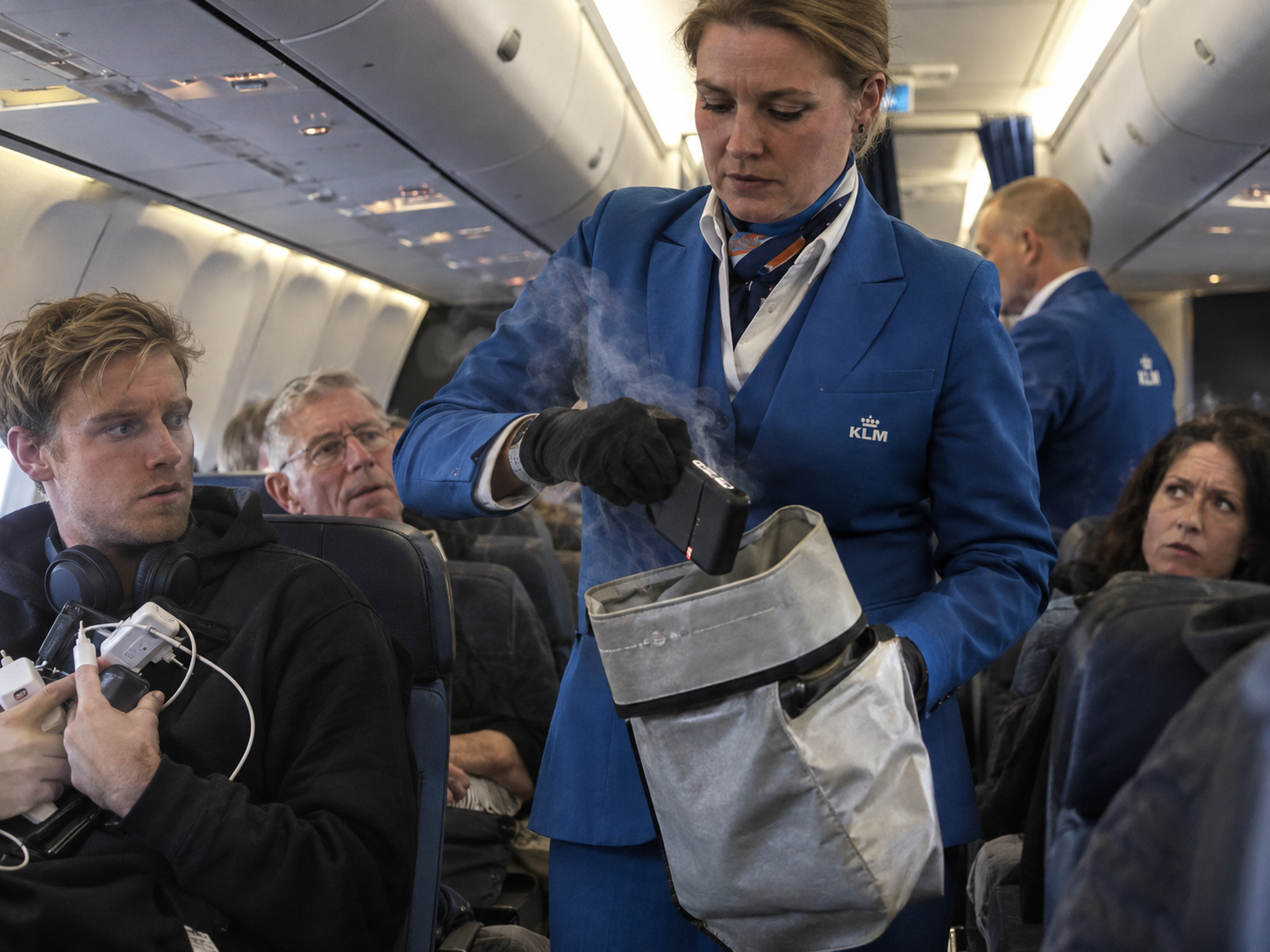 Stewardess in een vliegtuigcabine die een rokende powerbank veilig in een speciale zak stopt terwijl passagiers toekijken.