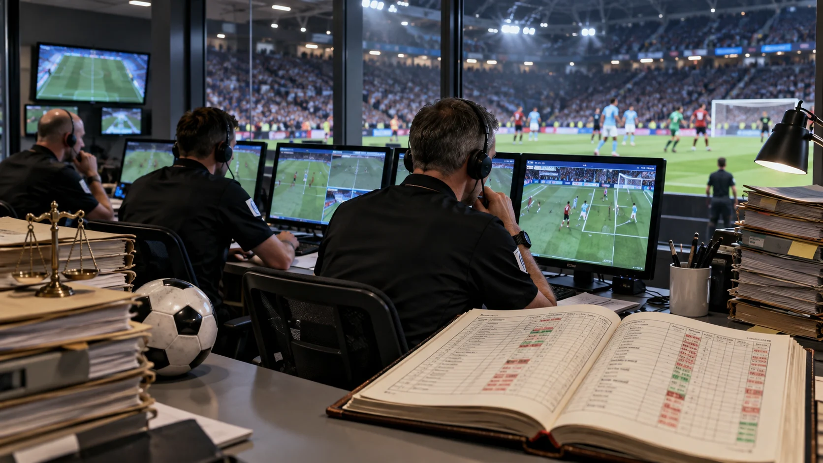 VAR-officials werken tussen videoschermen en stapels dossiers aan een administratief overzicht van scheidsrechterlijke beslissingen.