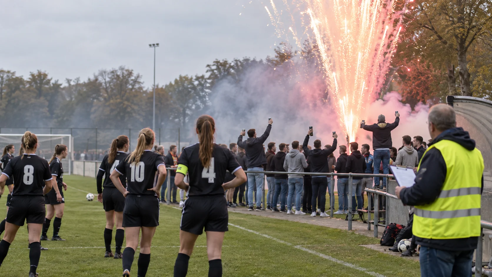 Vrouwenvoetbalteam langs de lijn terwijl supporters vuurwerk afsteken bij een lokaal voetbalveld.