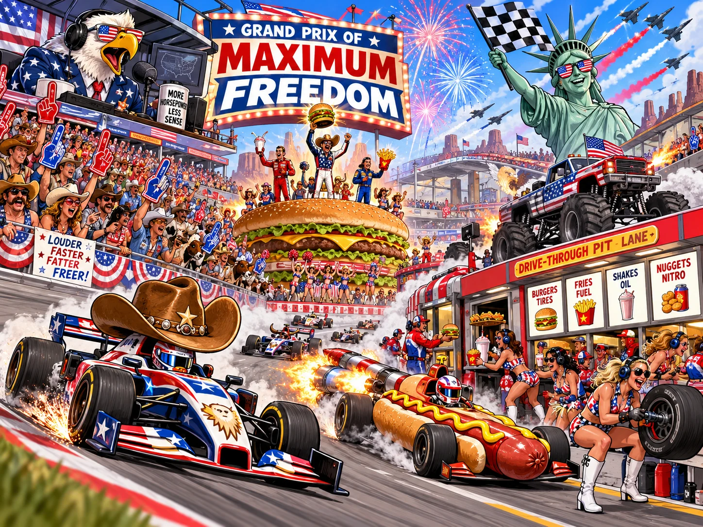 Illustratie van een absurde Amerikaanse Formule 1-race met fastfoodpitstraat, gigantische hamburgers en racewagens.
