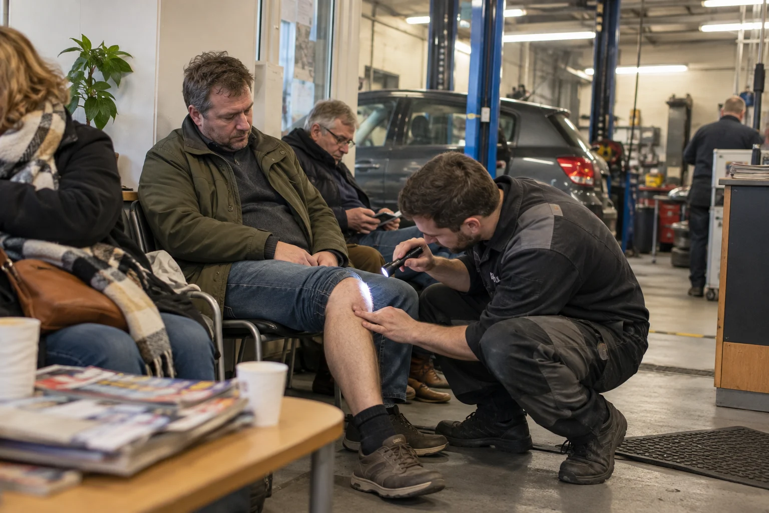 Monteur controleert de knie van een automobilist tijdens een wachtkamer-APK bij een garage.