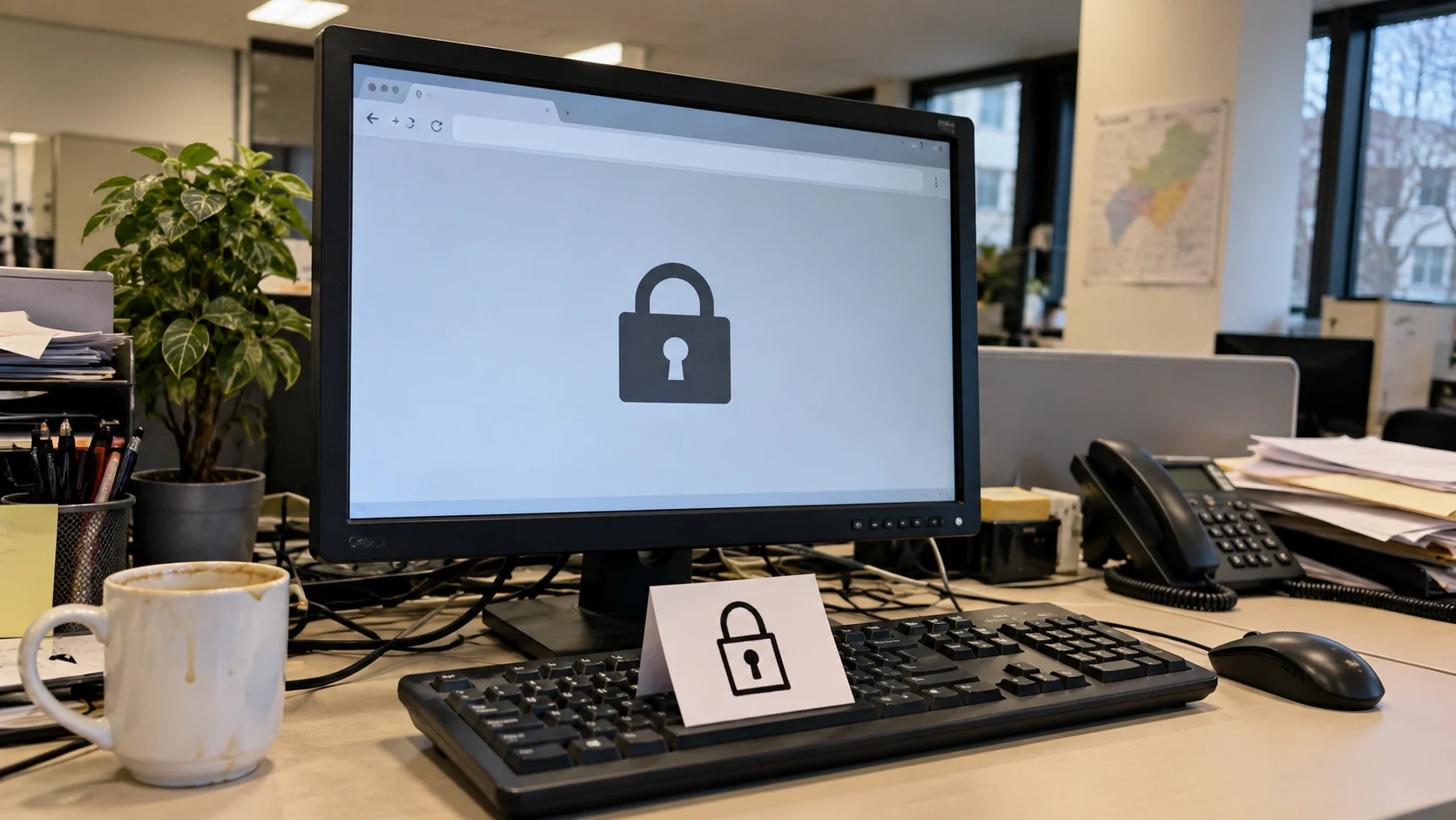 Een kantoorcomputer toont een afgesloten website, met een hangslot op het toetsenbord.