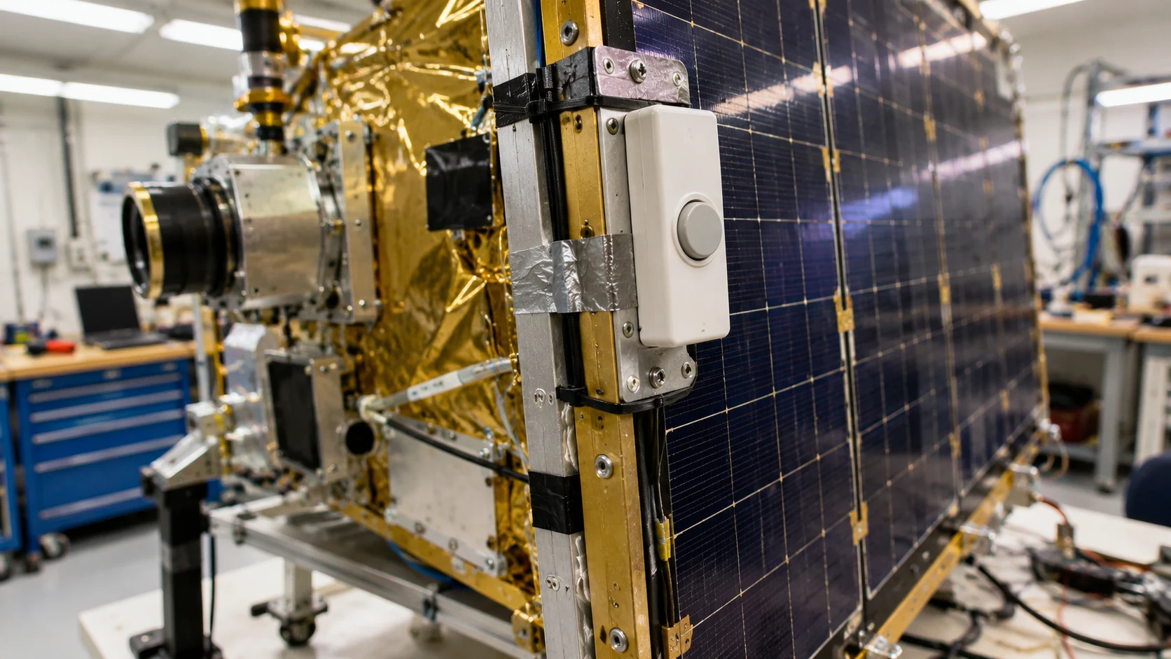 Een witte deurbel op het paneel van een satellietmodel in een technische werkplaats.